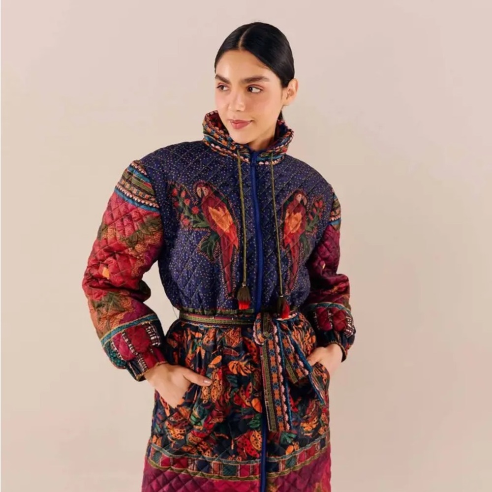 Farm Rio midi patchwork reversible puffer coat M